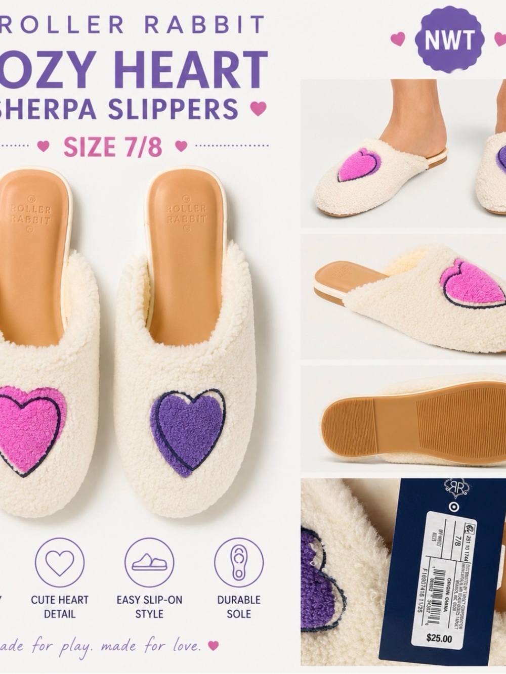 Roller Rabbit x Target Cozy Heart Sherpa Mule Slippers Women’s Size 7/8 NWT